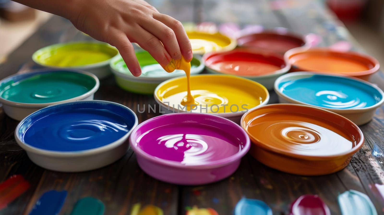 A person dipping a finger into paint in several bowls