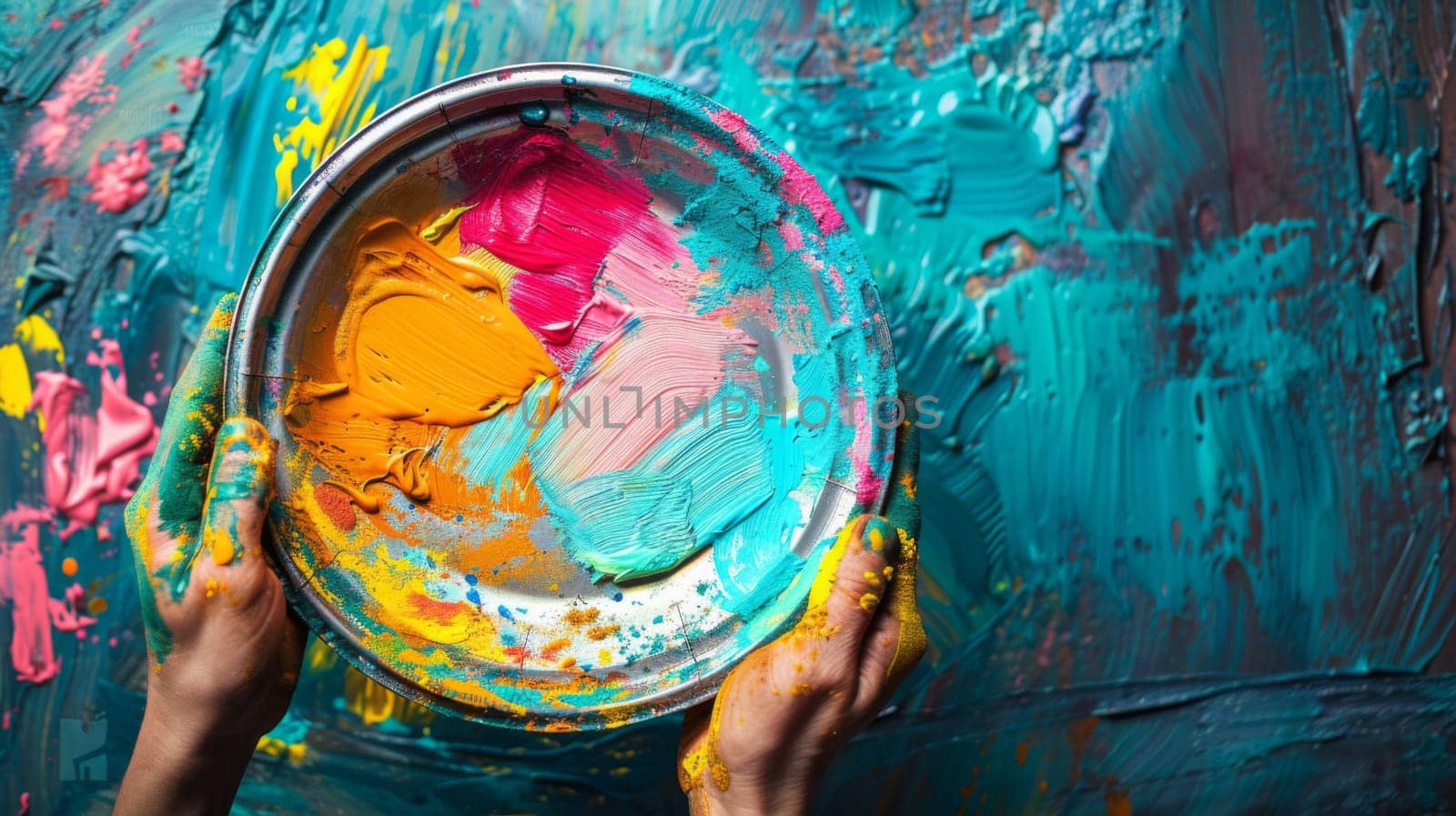 A person holding a paint brush in their hands with some colorful paints