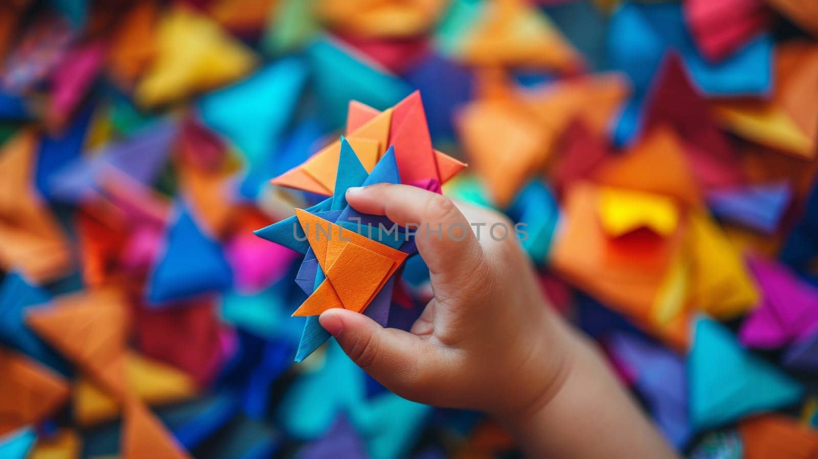A child holding a small origami paper star in their hand, AI by starush