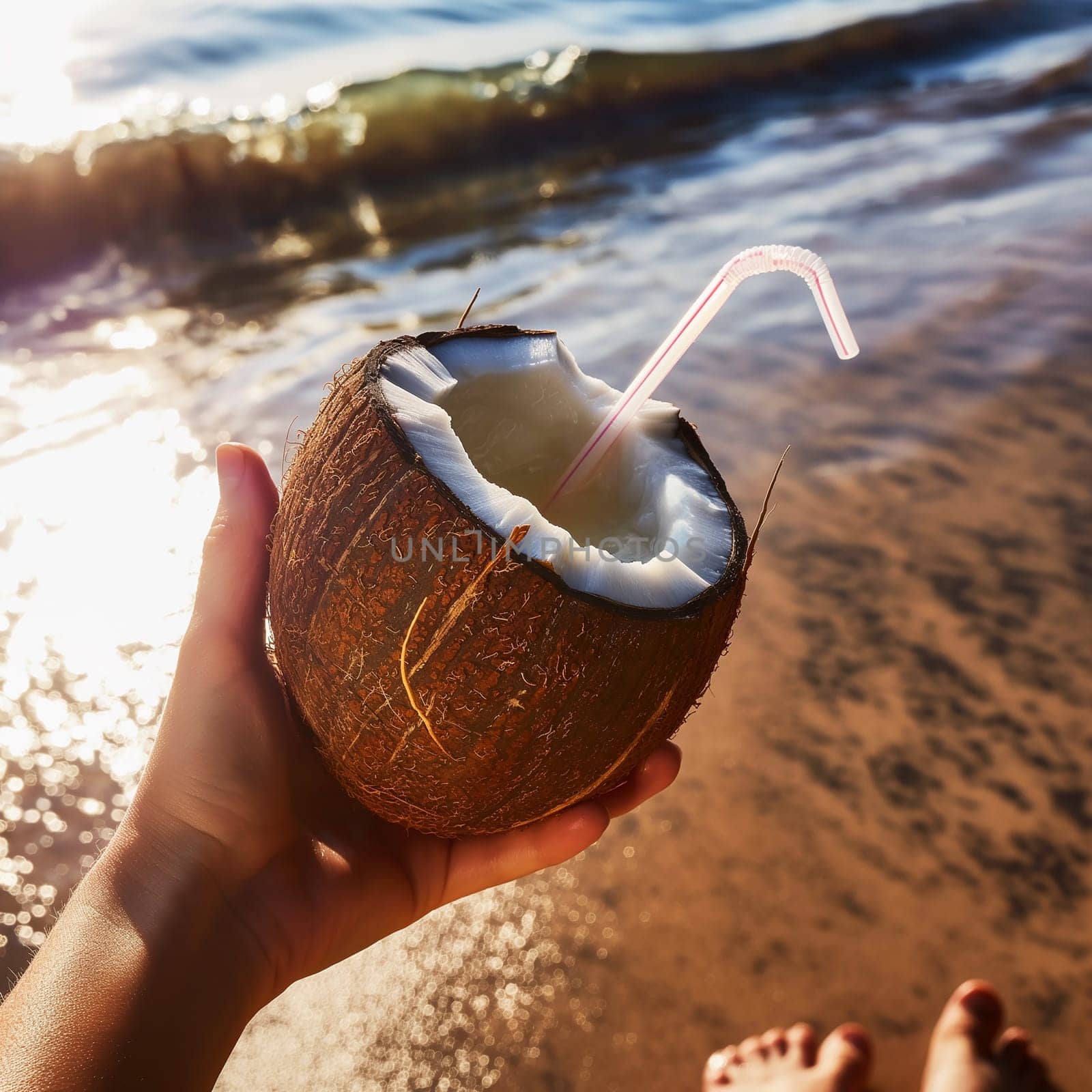 Hand holding a coconut with a straw on a sunny beach