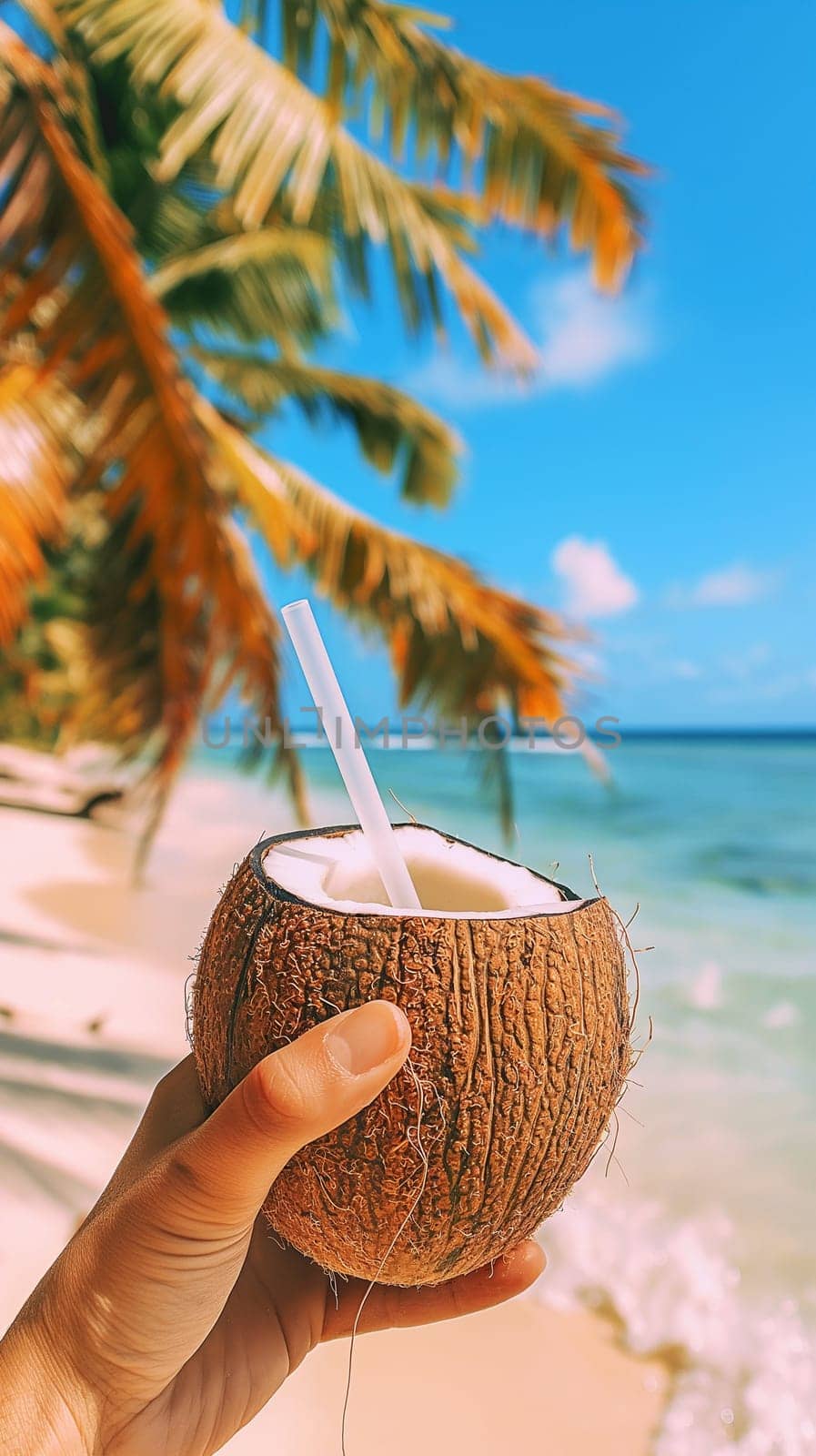 Hand holding a coconut drink on a tropical beach with clear skies and palm trees.
