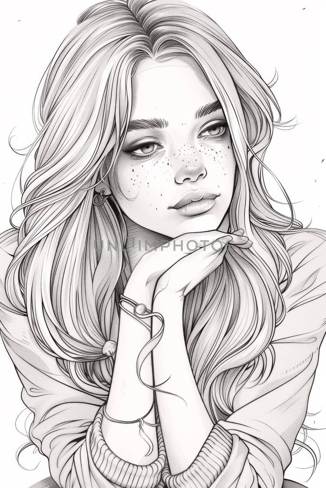 A drawing of a girl with freckles and long hair