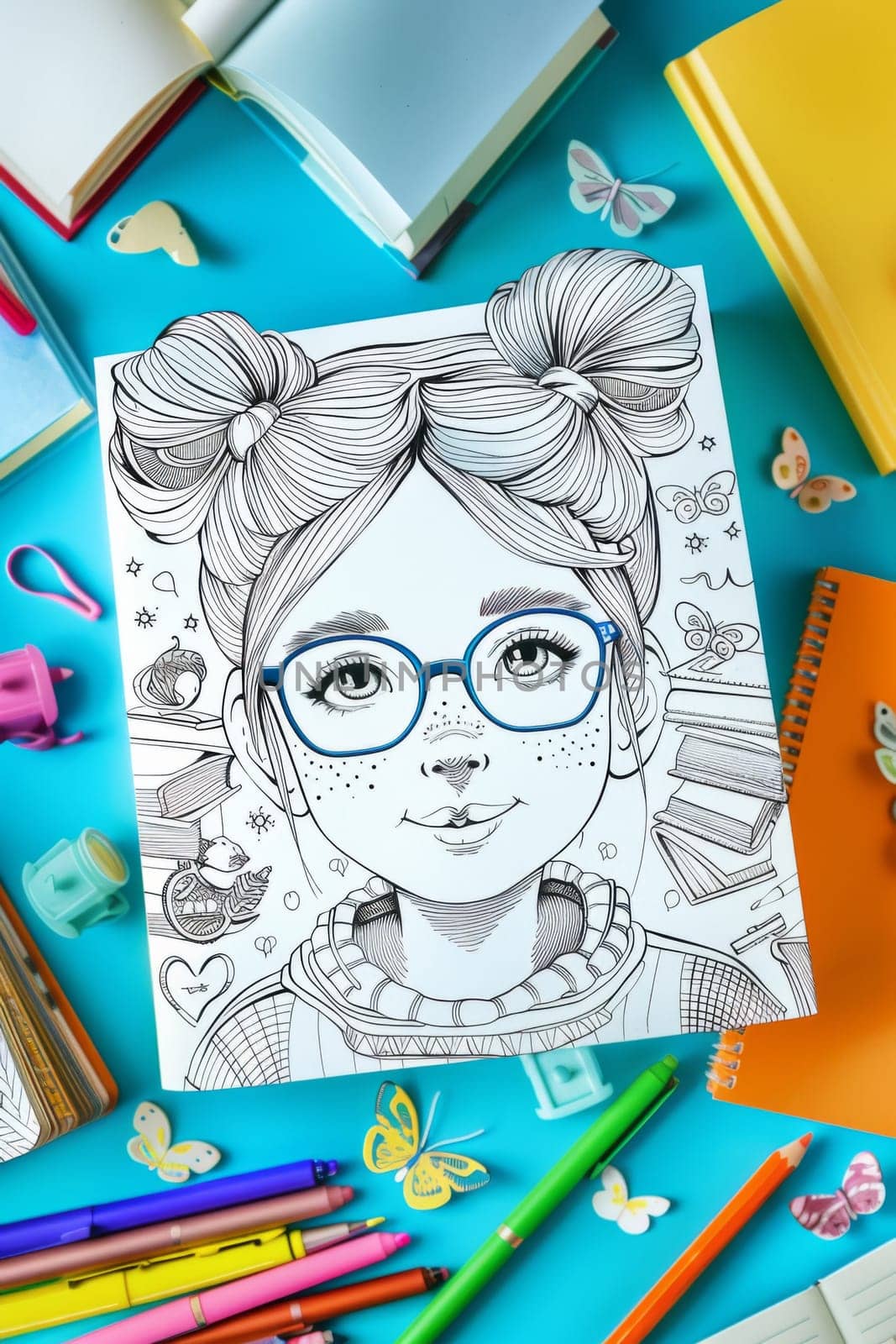 A drawing of a girl with glasses and hair sitting on top of school supplies
