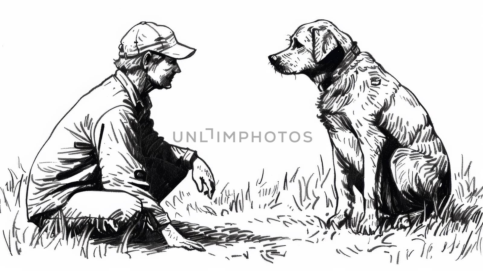 A drawing of a man and dog sitting in the grass, AI by starush