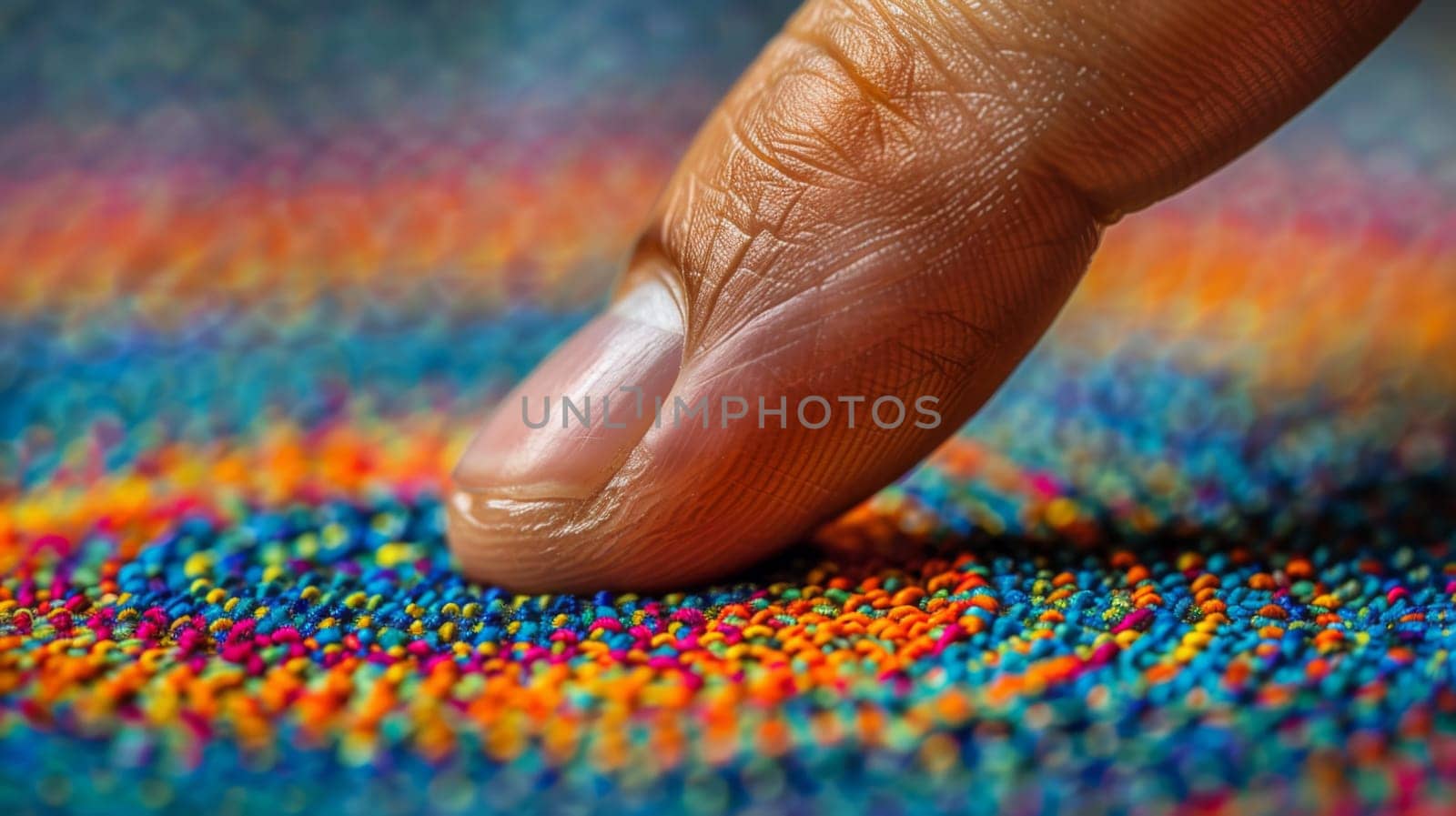 A finger is touching a colorful carpet with dots on it, AI by starush