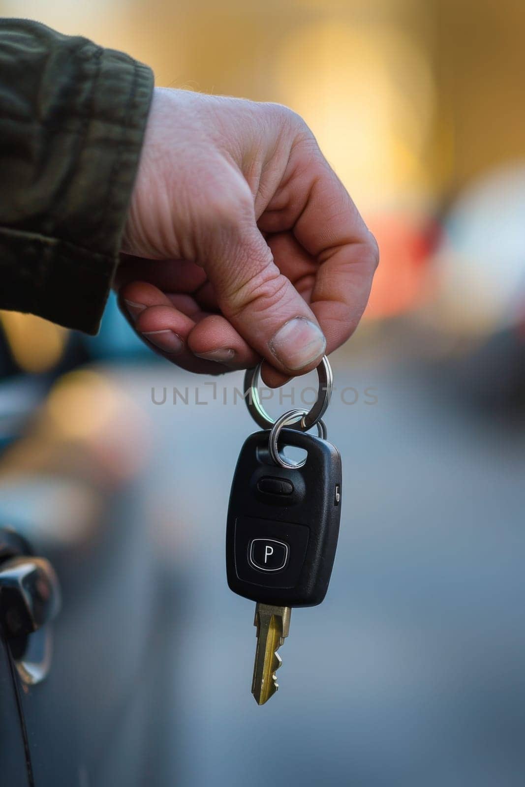 A man holding a key to his car in one hand