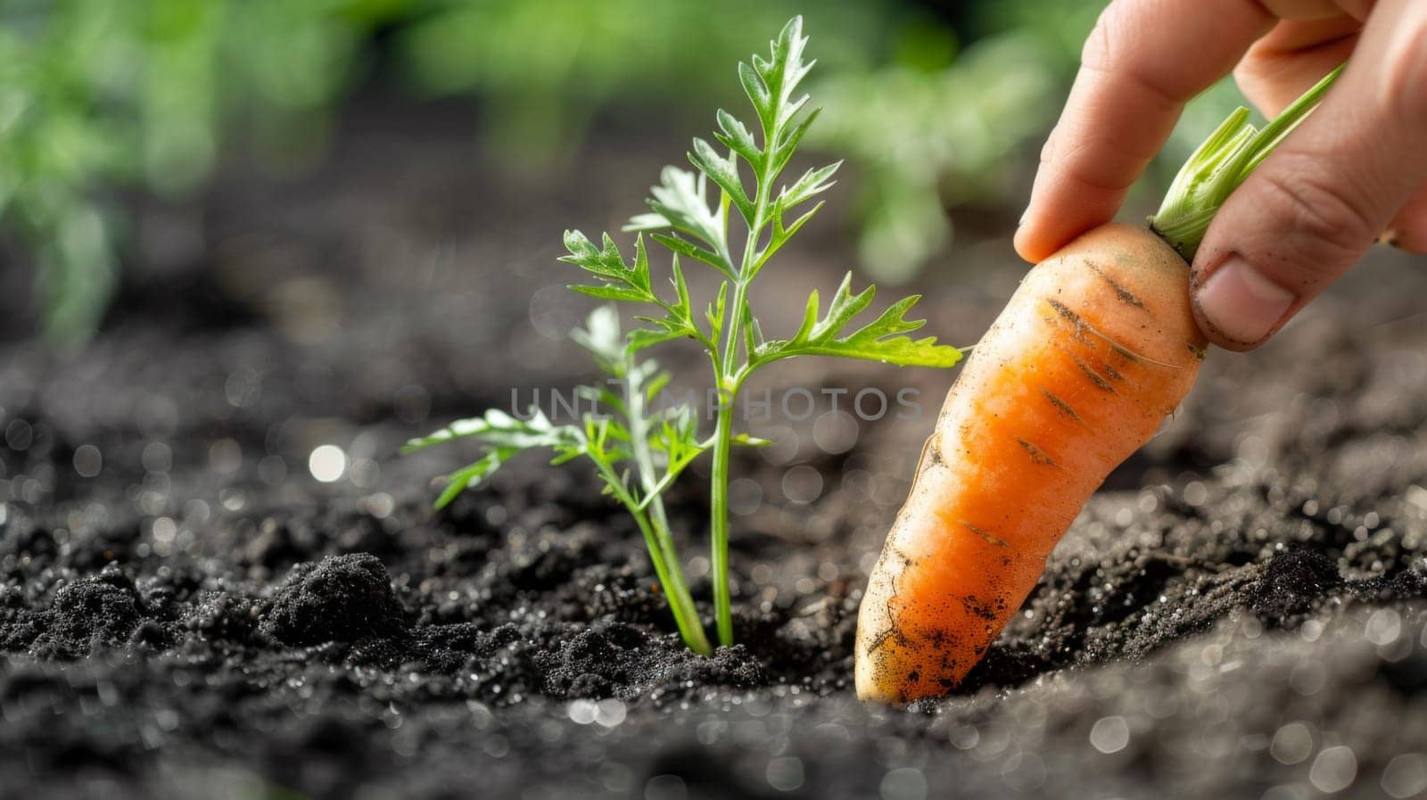 A person is holding a carrot in the dirt with green sprouts