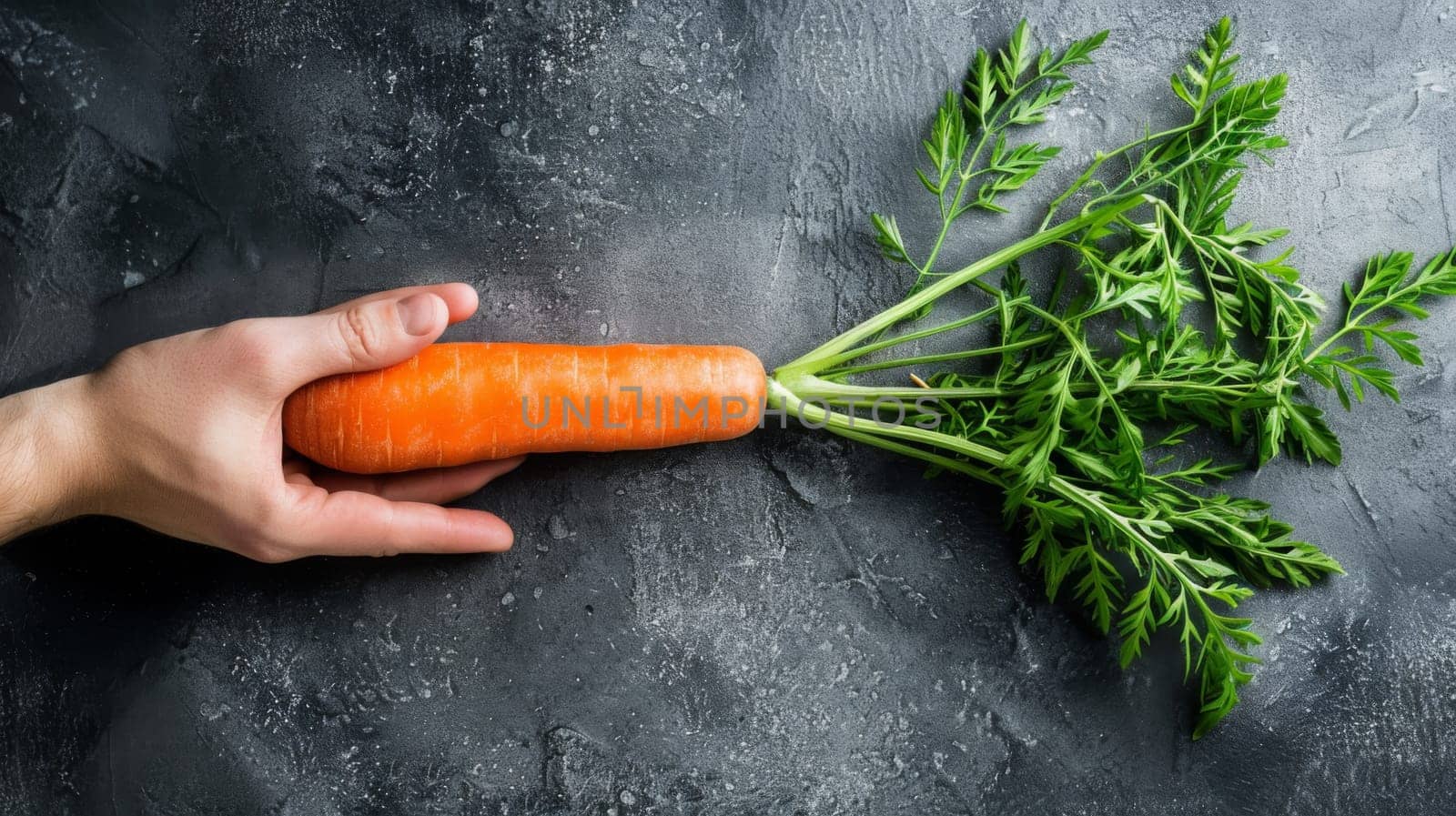 A hand holding a carrot with green leaves on it