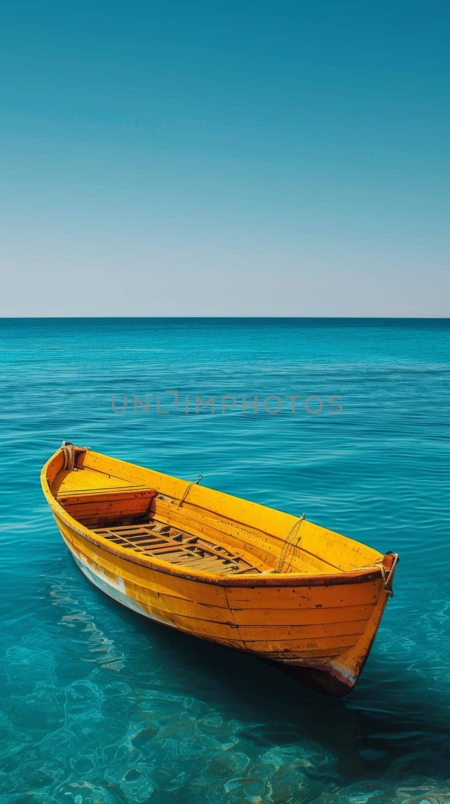 A small boat floating in clear blue water with no waves, AI by starush