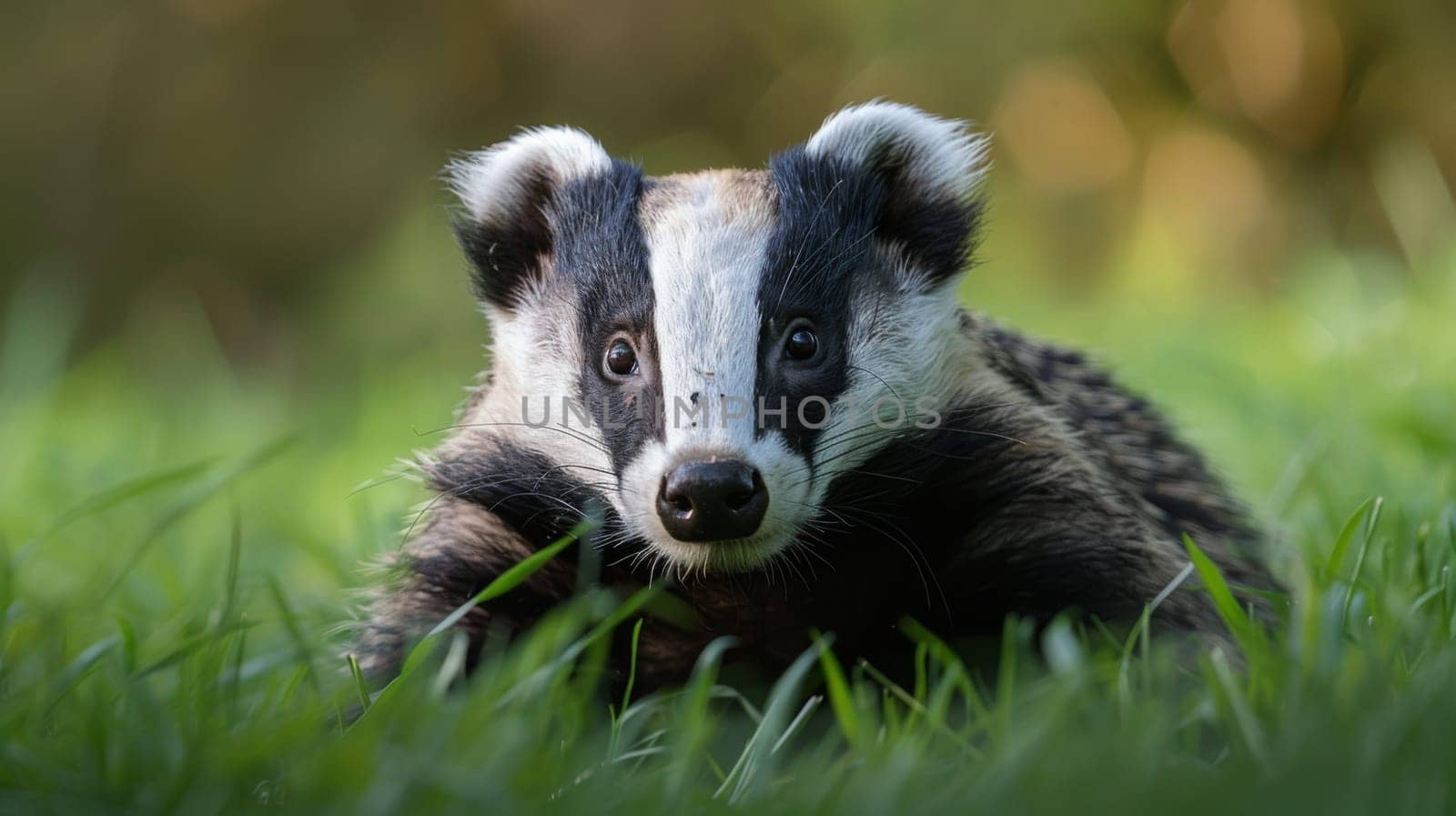 A badger is sitting in the grass looking at something