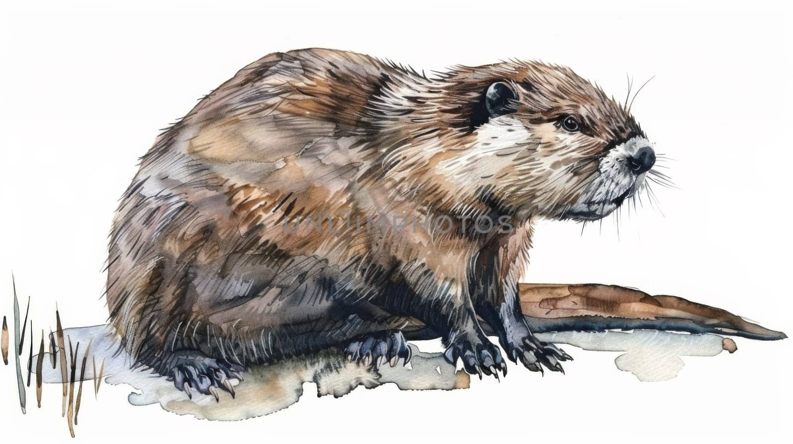 A watercolor painting of a beaver sitting on the ground