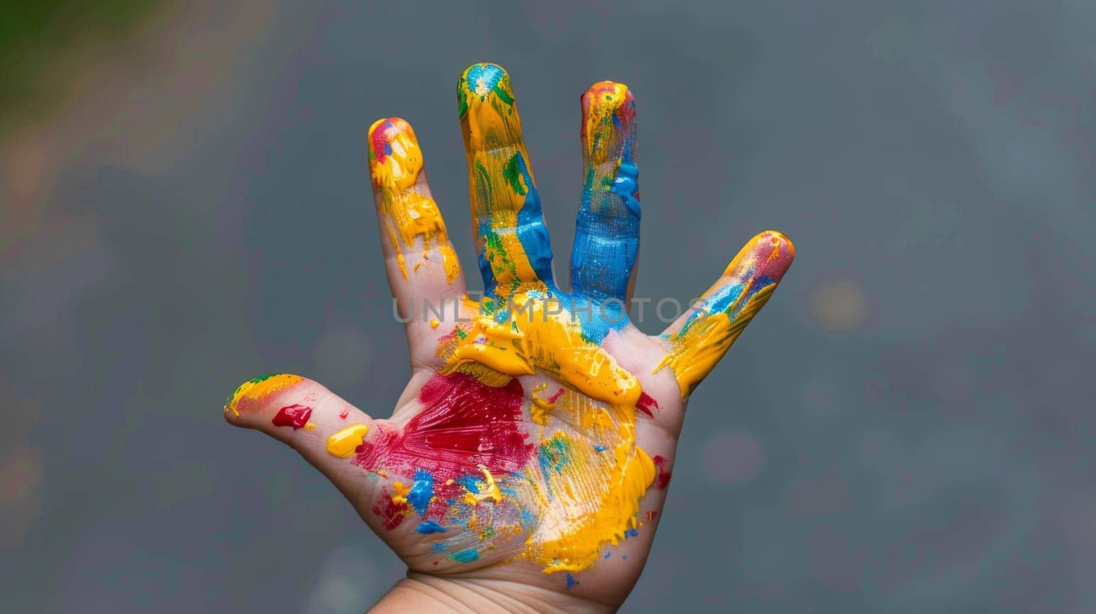 A child's hand painted with bright colors and a smile