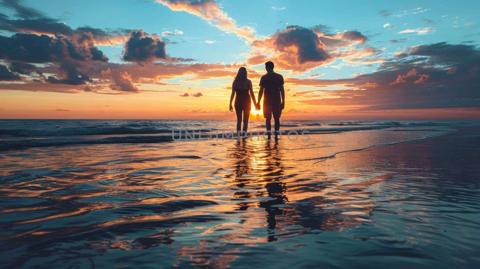 A couple of a man and woman standing on the beach at sunset