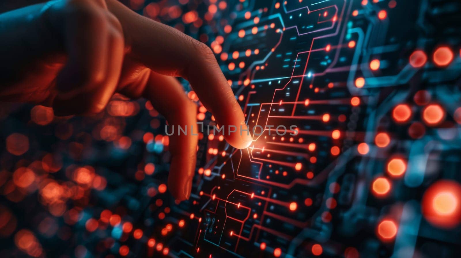 A person's finger is touching a circuit board with lights