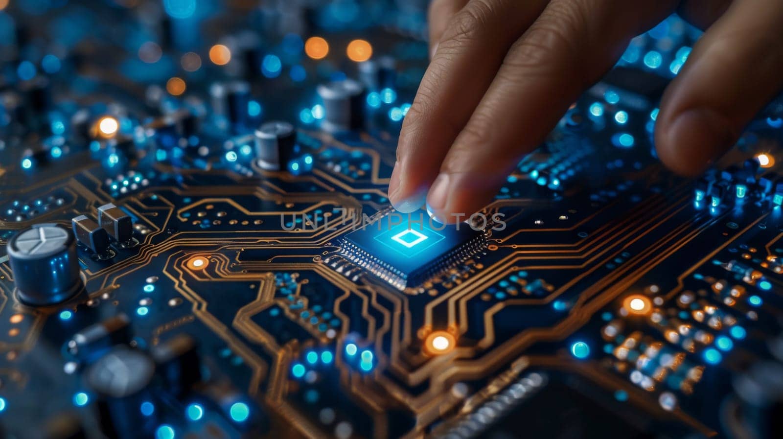 A person is pressing a button on an electronic circuit board, AI by starush