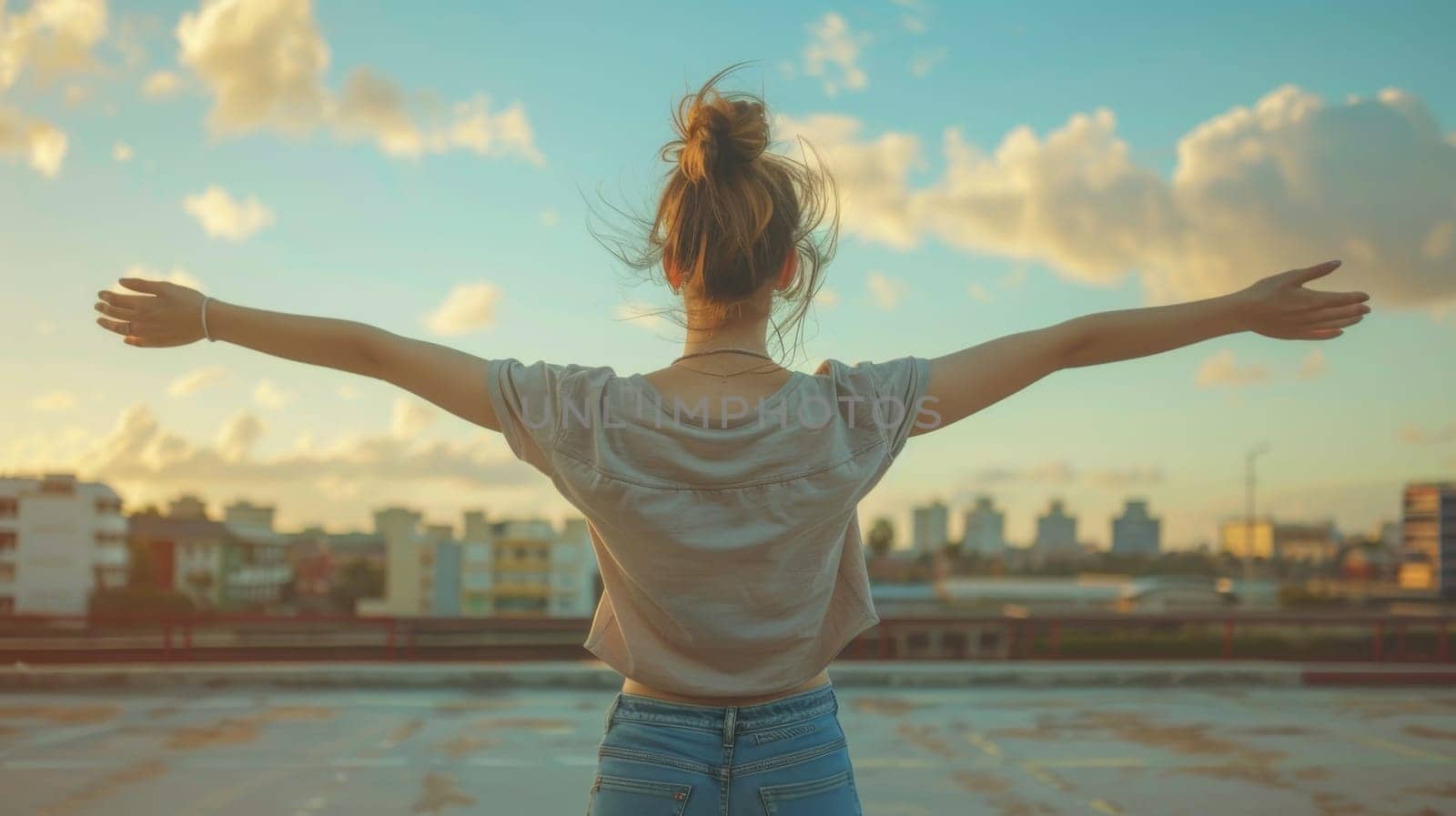 A woman with arms outstretched in the air on a parking lot