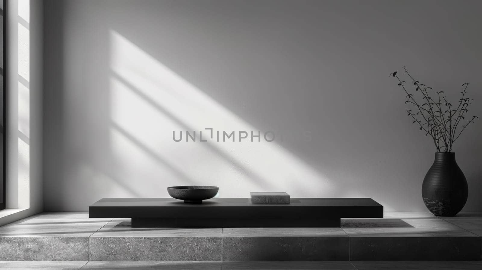 A black and white photo of a table with vase on it