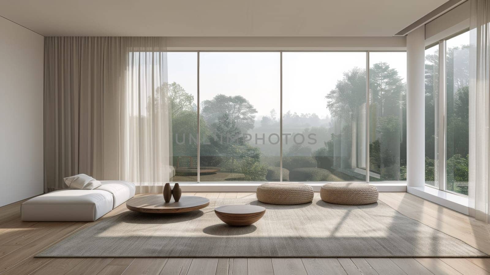 A living room with large windows and a white rug, AI by starush