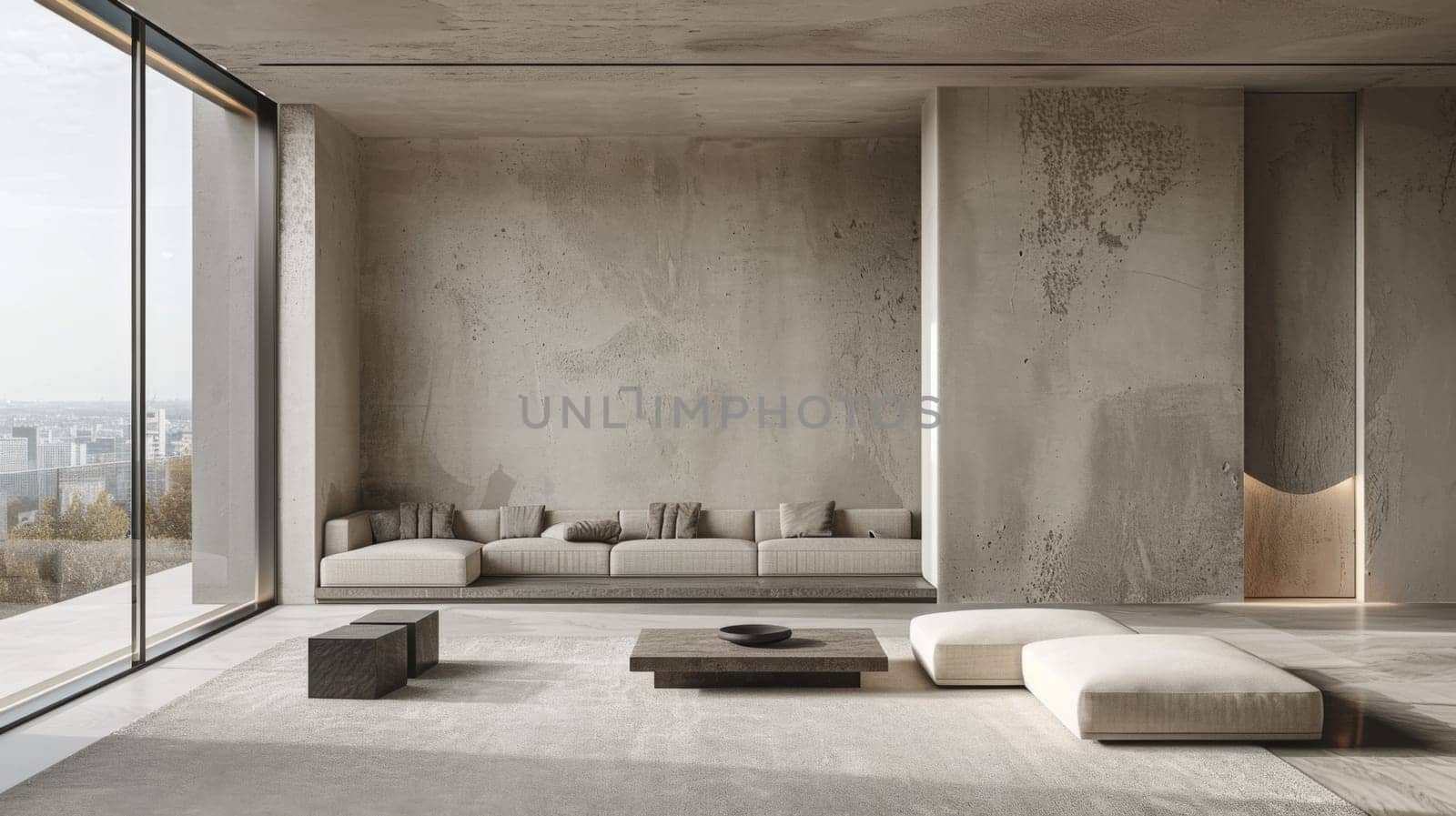 A living room with a large window and concrete walls