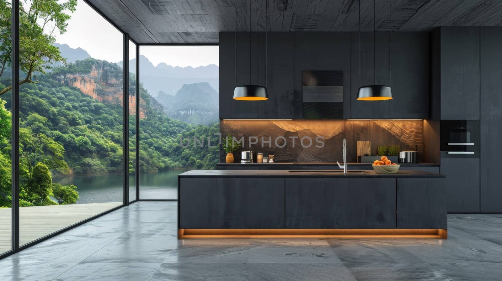 A modern kitchen with a large window overlooking the mountains