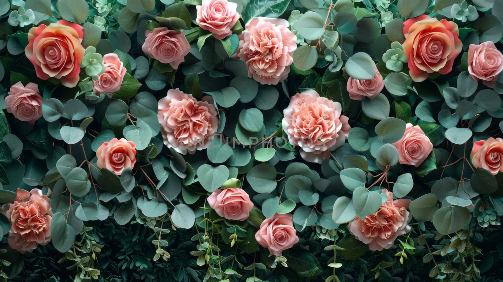 A bunch of roses and leaves are on a wall