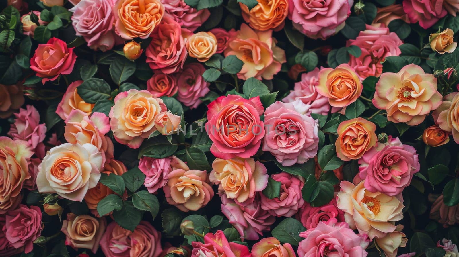 A bunch of pink and orange roses are growing in a field