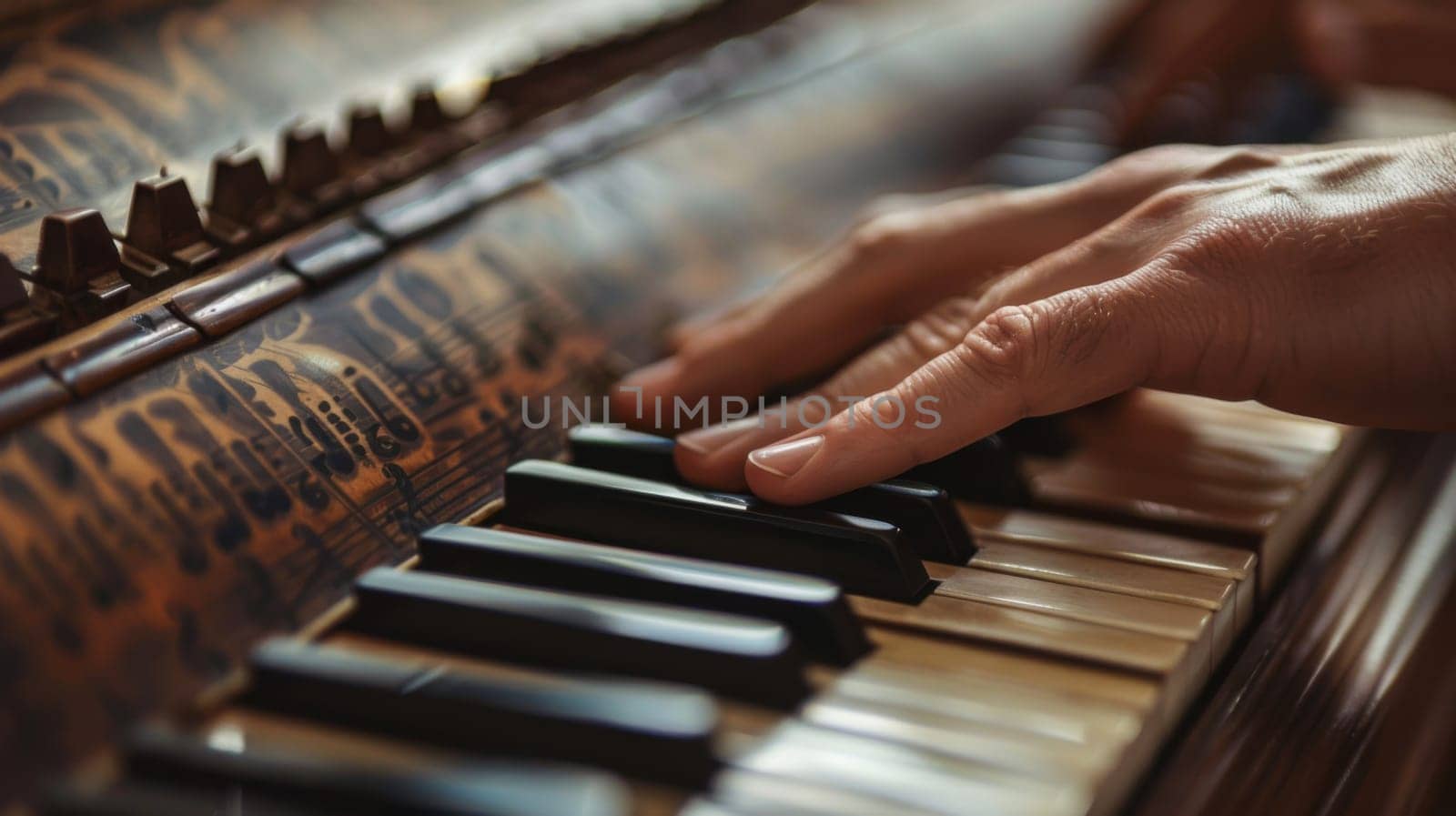 A close up of a person's hands playing an old fashioned piano