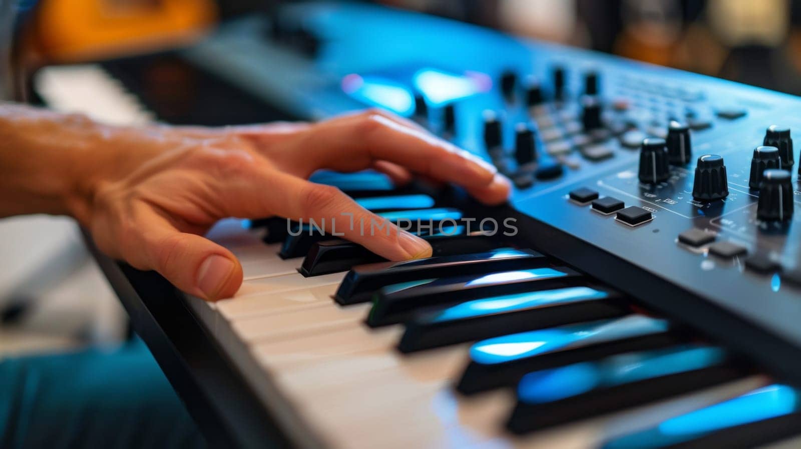 A close up of a person playing an electronic keyboard