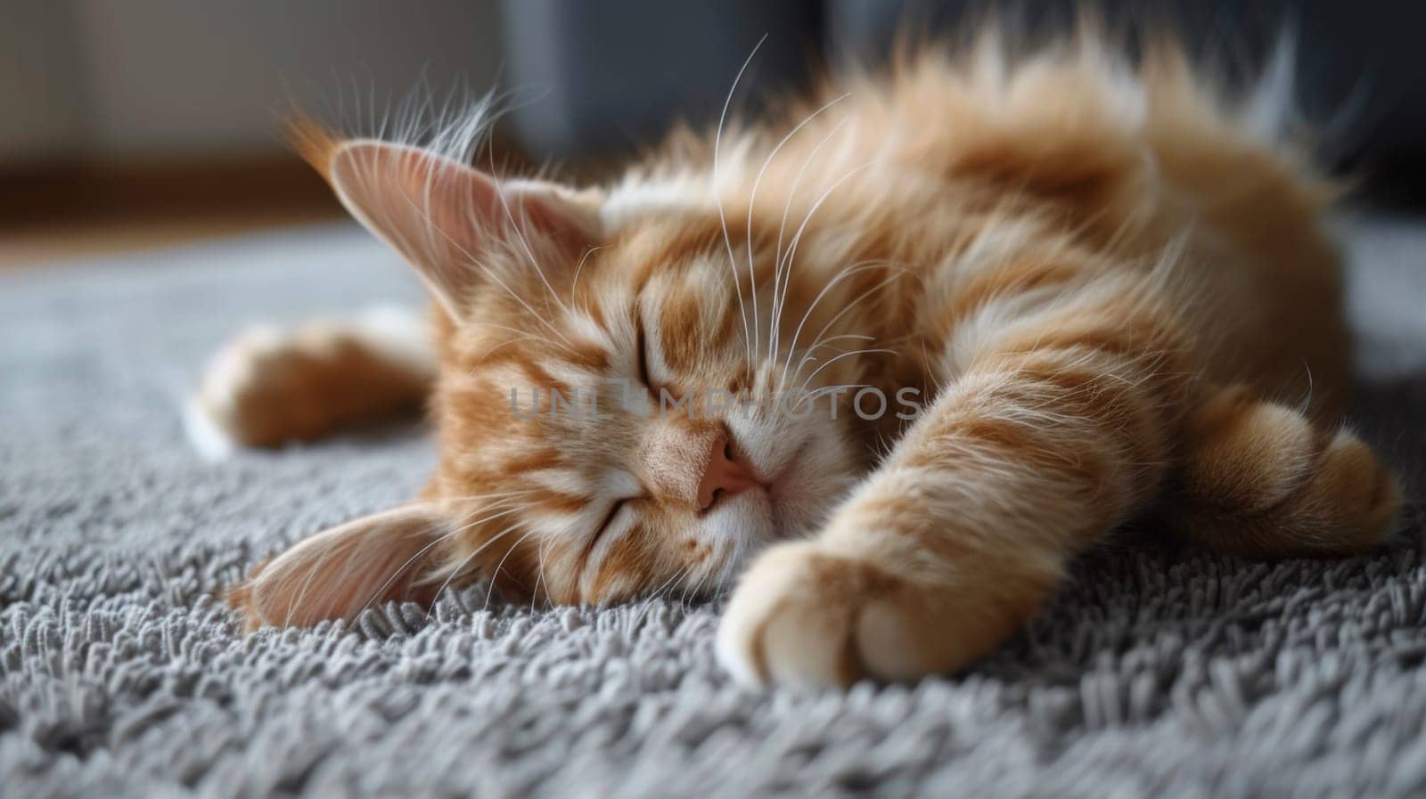 A cat sleeping on a carpet with its eyes closed