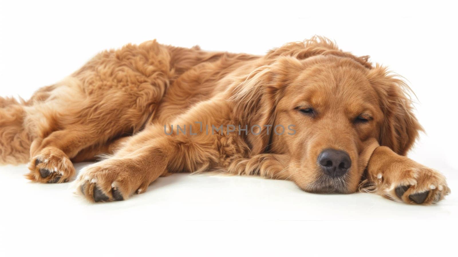 A large brown dog laying down on a white surface