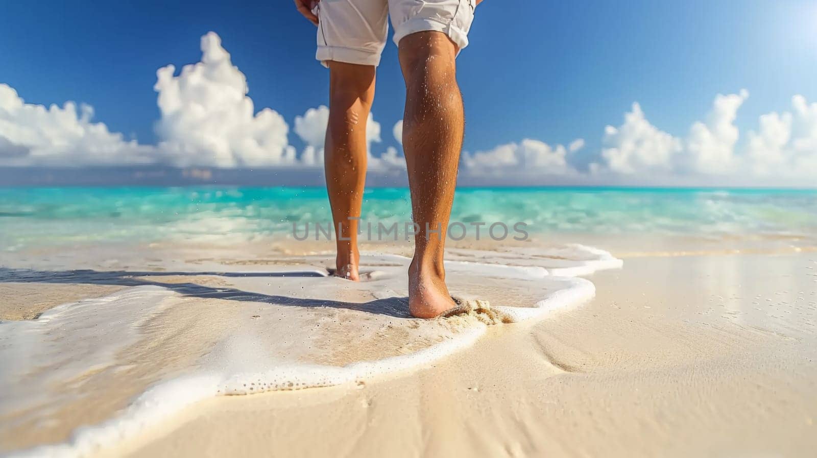 A man walking on the beach with his feet in water