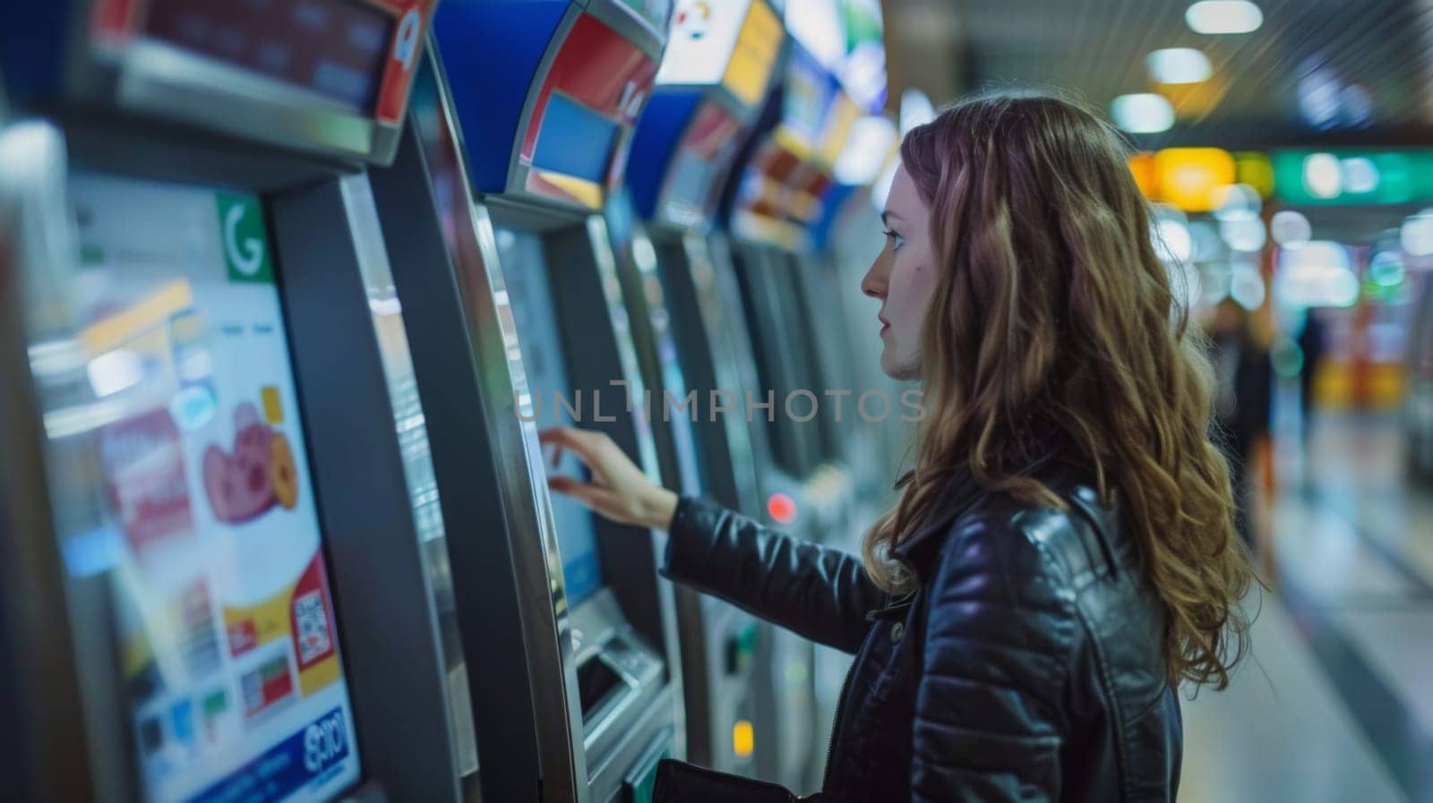 A woman in a black jacket using an atm machine