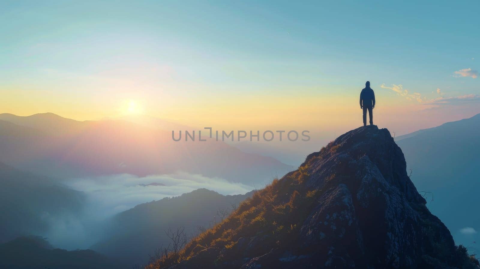 A man standing on top of a mountain with the sun setting in front