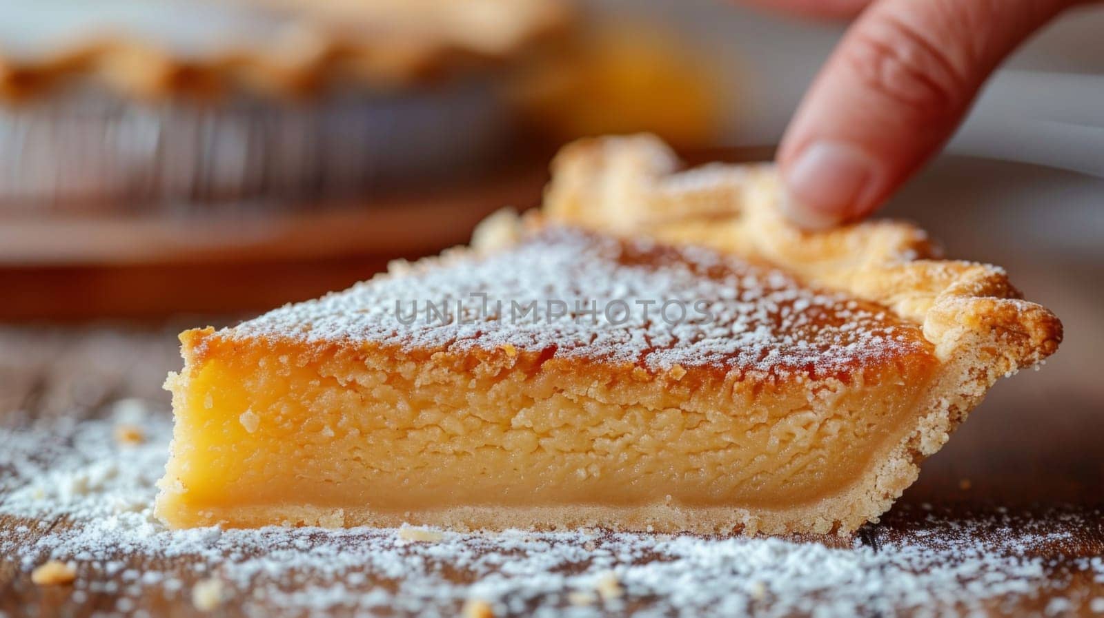A person is picking up a piece of pie with powdered sugar on it