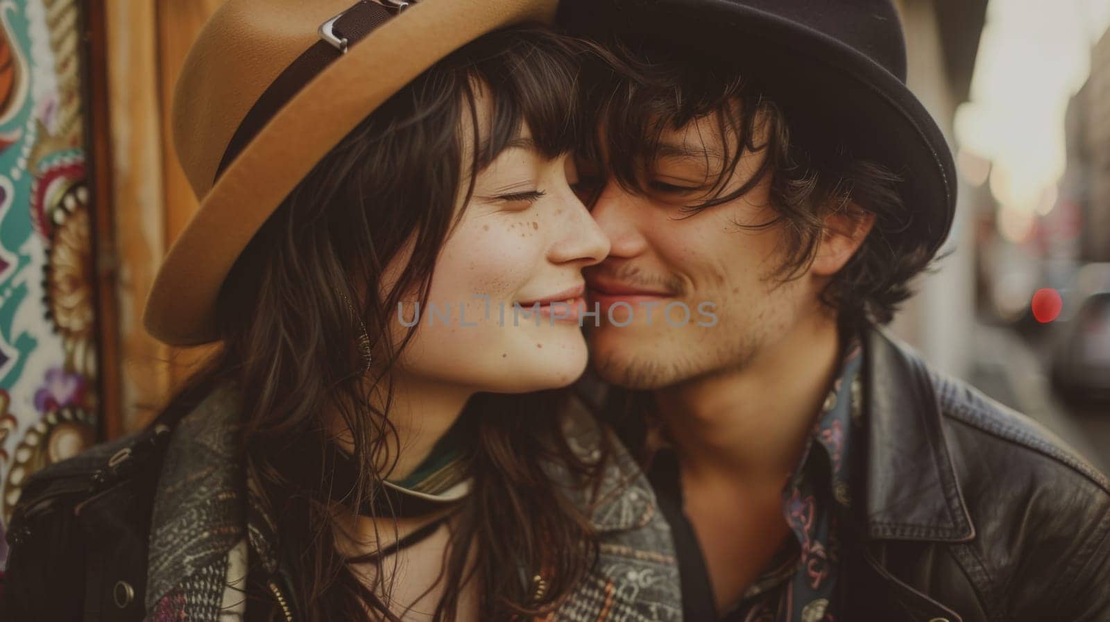 A man and woman kissing each other on the cheek while wearing hats