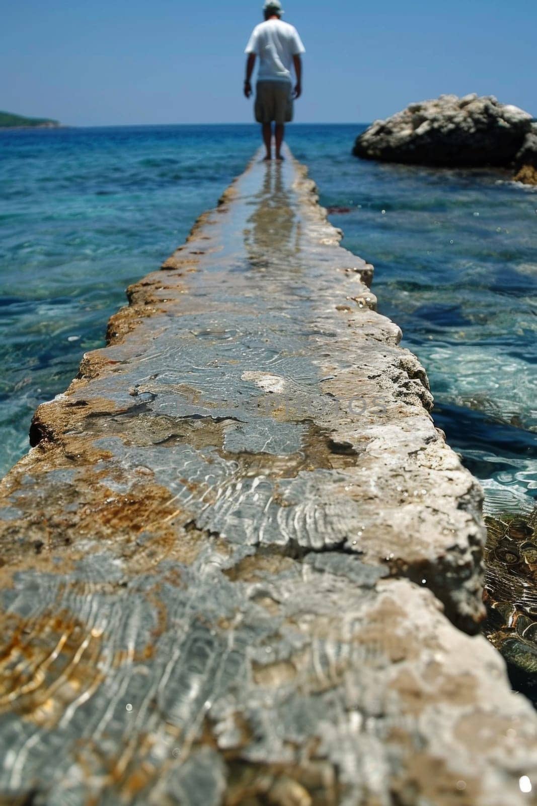 A man walking on a stone pier in the ocean