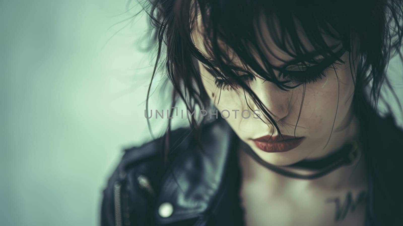 A woman with black hair and a leather jacket looking down