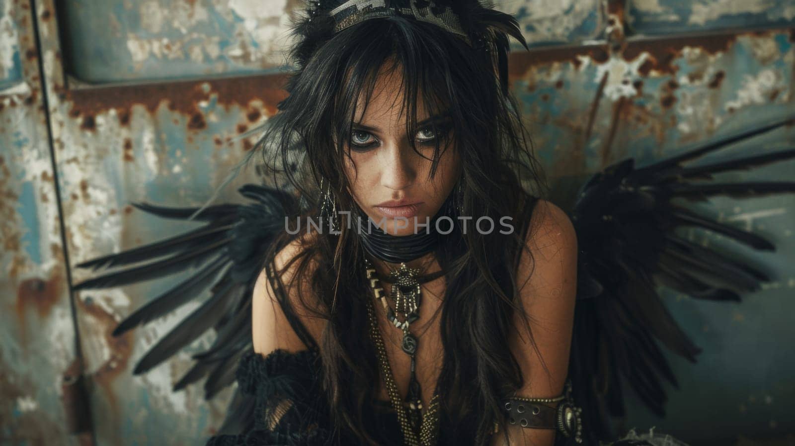 A woman with black hair and a gothic look sitting on the floor