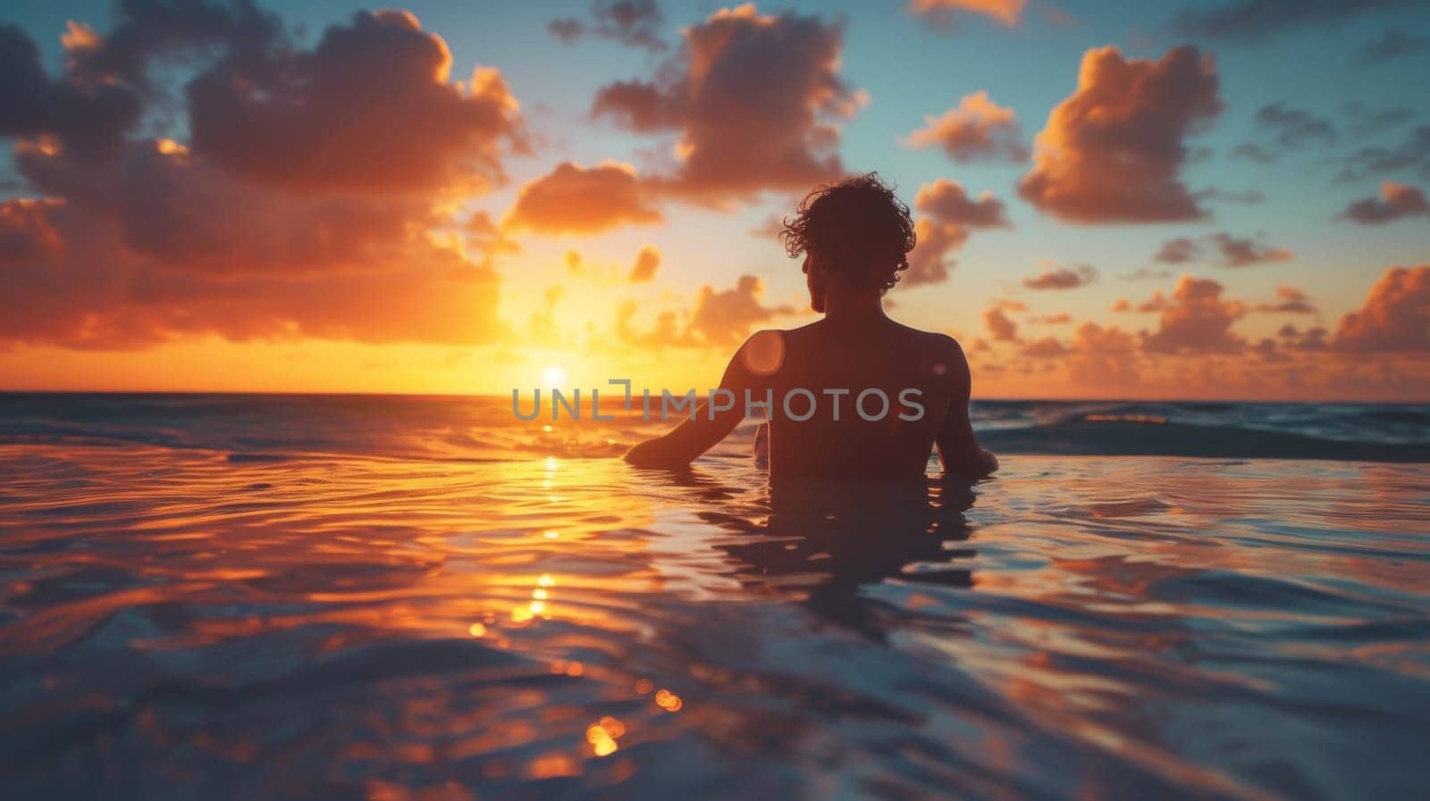A person sitting in the water at sunset with a surfboard