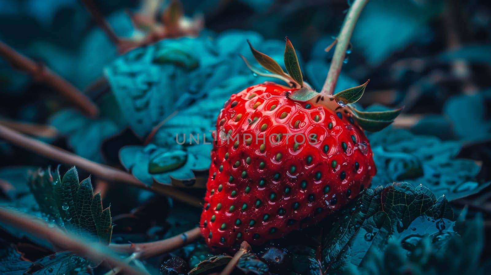 A strawberry sitting on top of a bunch of leaves