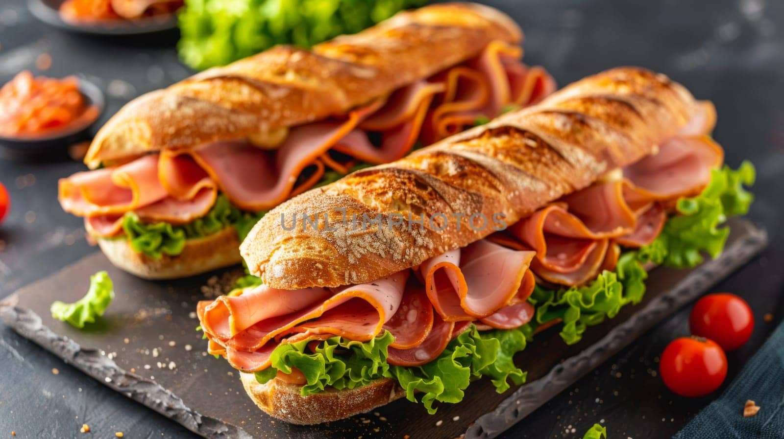 A large sandwich with ham and tomatoes on a cutting board
