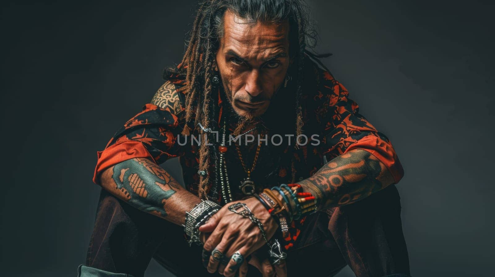 A man with dreadlocks and tattoos sitting on a skateboard