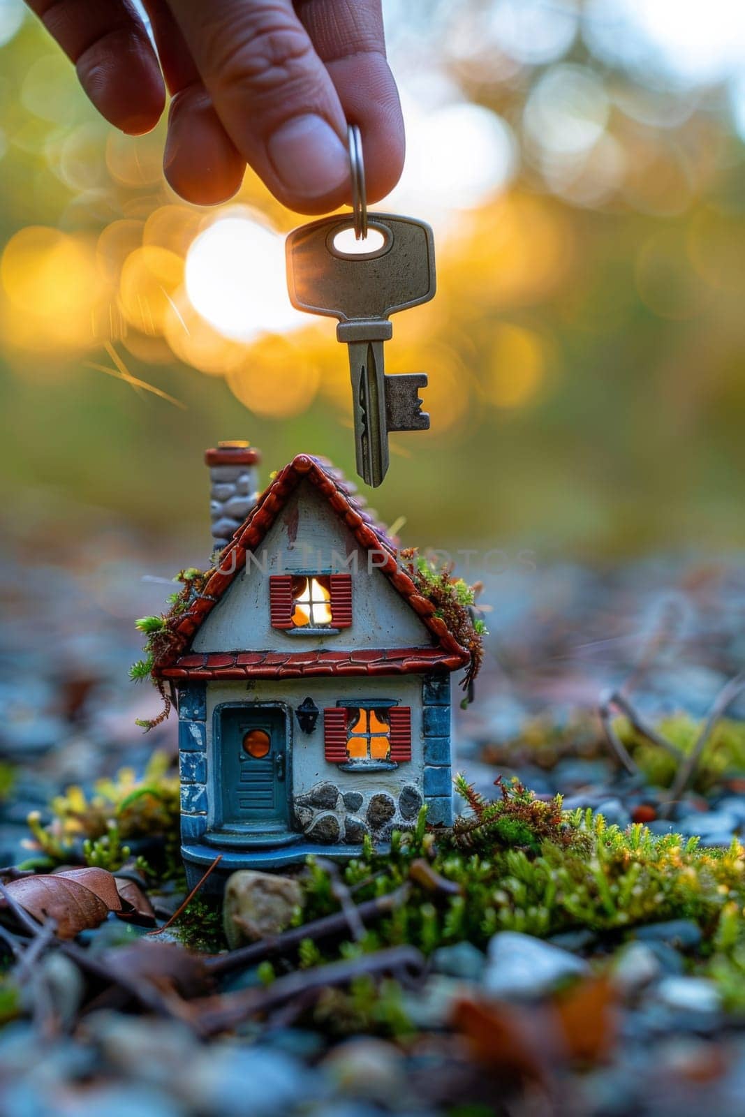 A miniature house with a key in the front yard, AI by starush