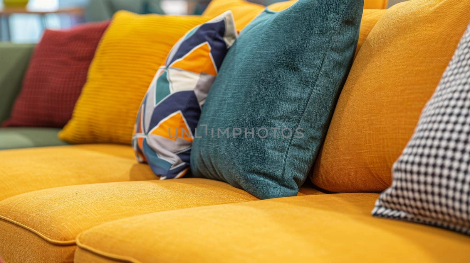 A close up of a couch with many pillows on it