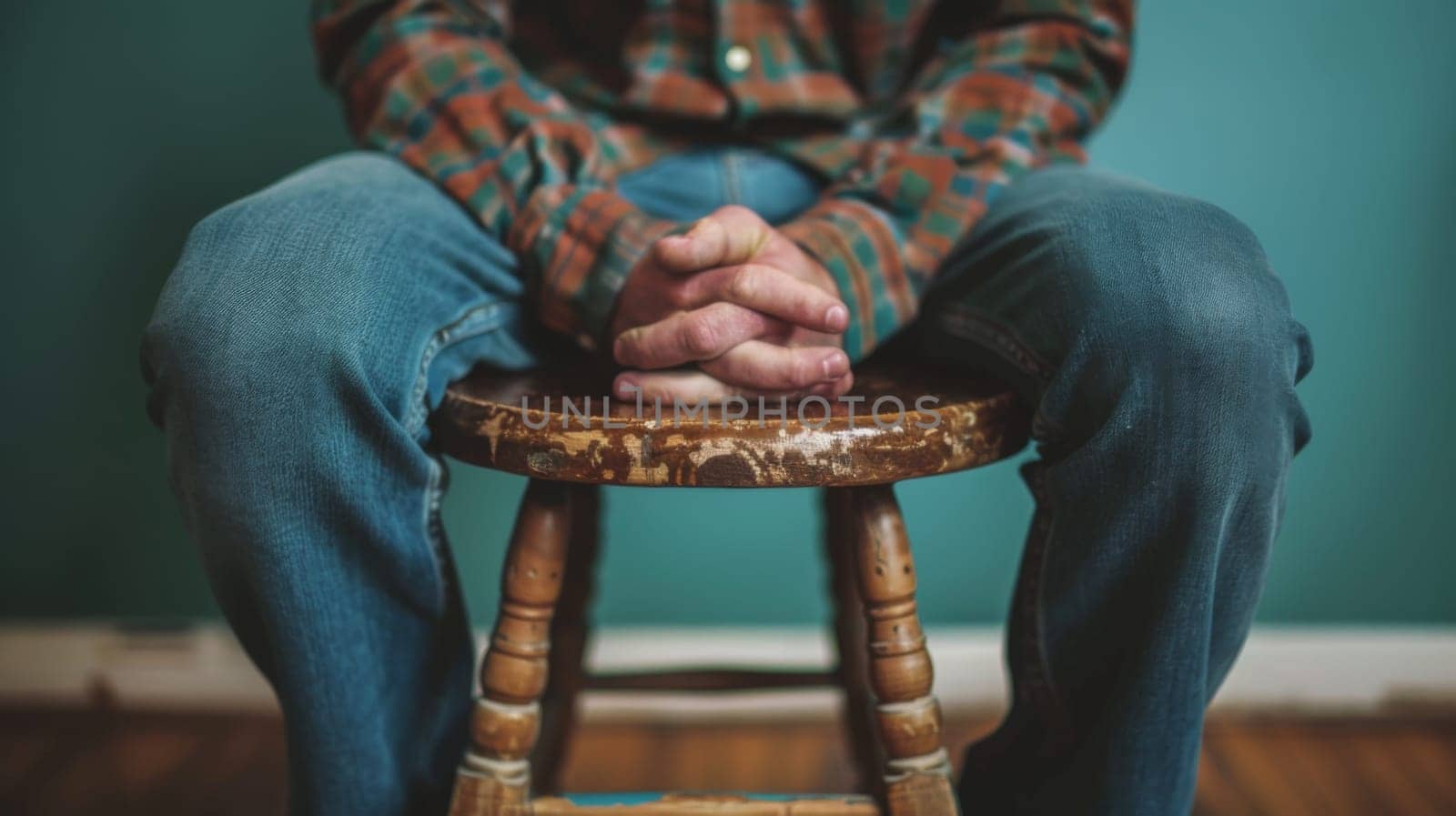 A person sitting on a stool with their hands folded in front of them