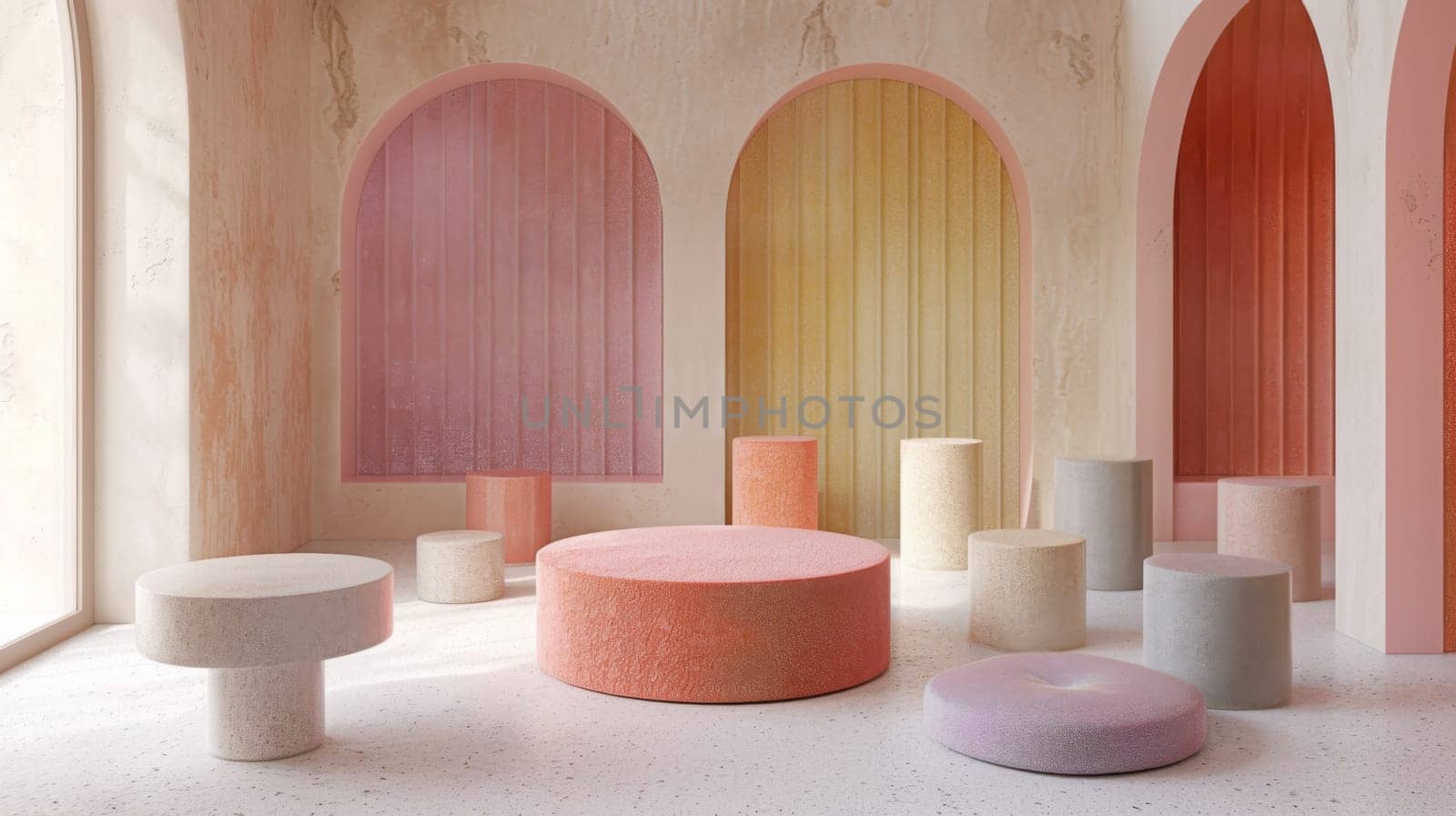 A room with a variety of colorful stools and pillows