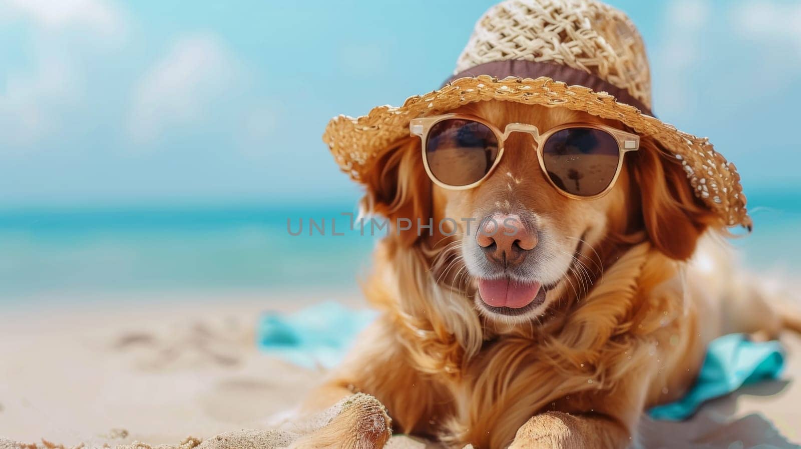 A dog wearing sunglasses and a hat on the beach