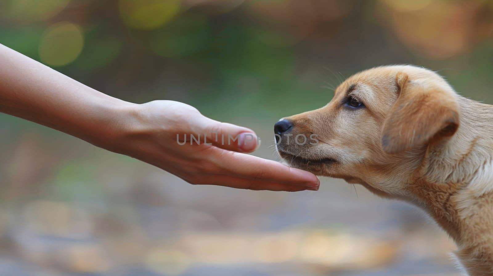 A dog is being petted by a person's hand, AI by starush