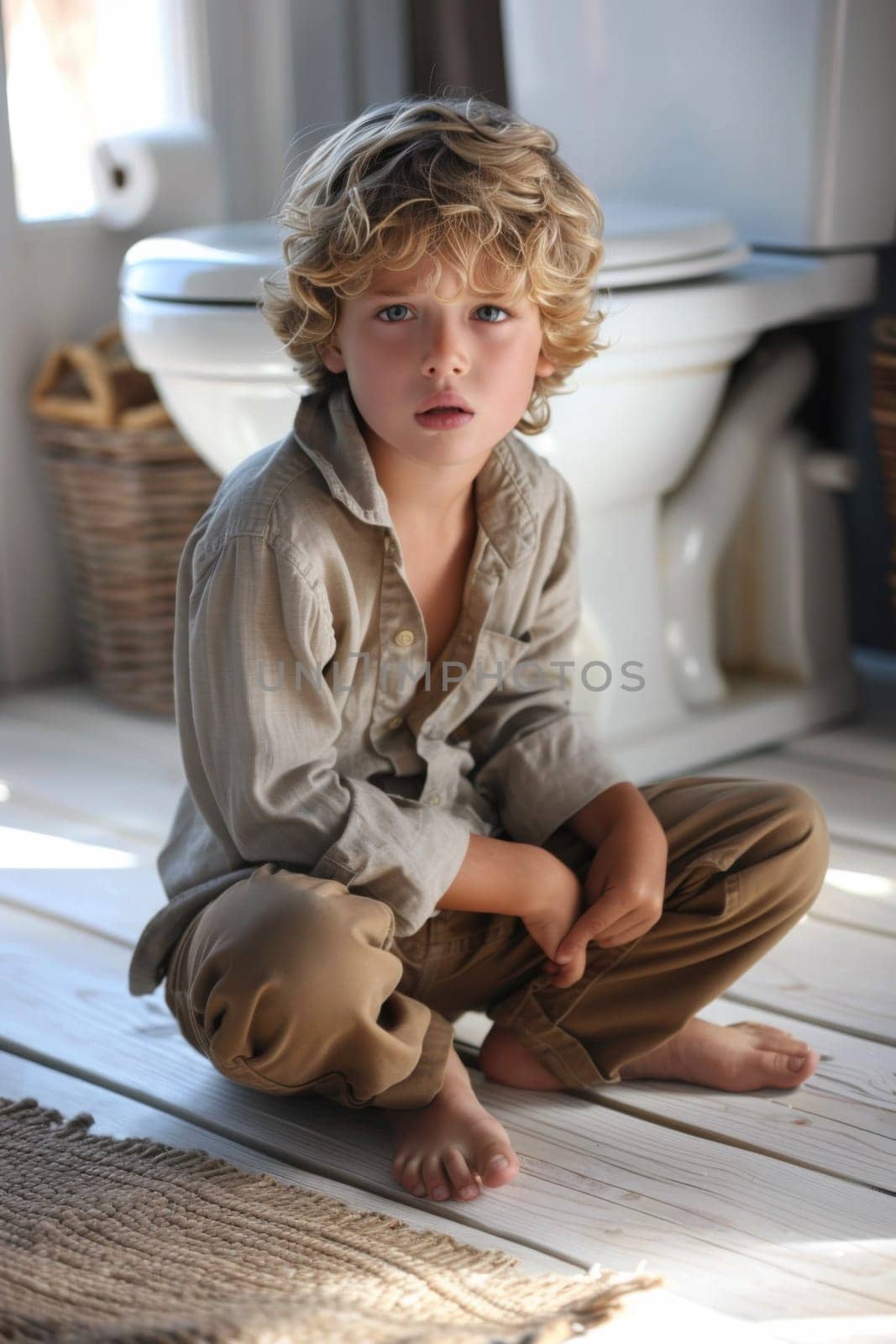 A young boy sitting on the floor in front of a toilet, AI by starush