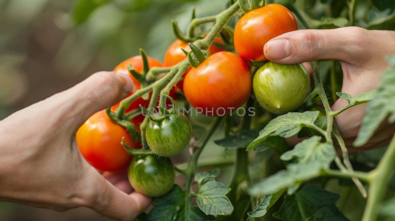 Two hands reaching for a tomato on the vine